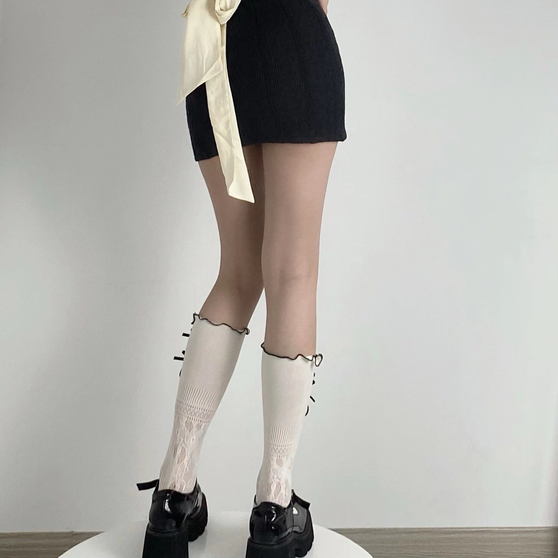 Black Ribbon & White Lace Socks