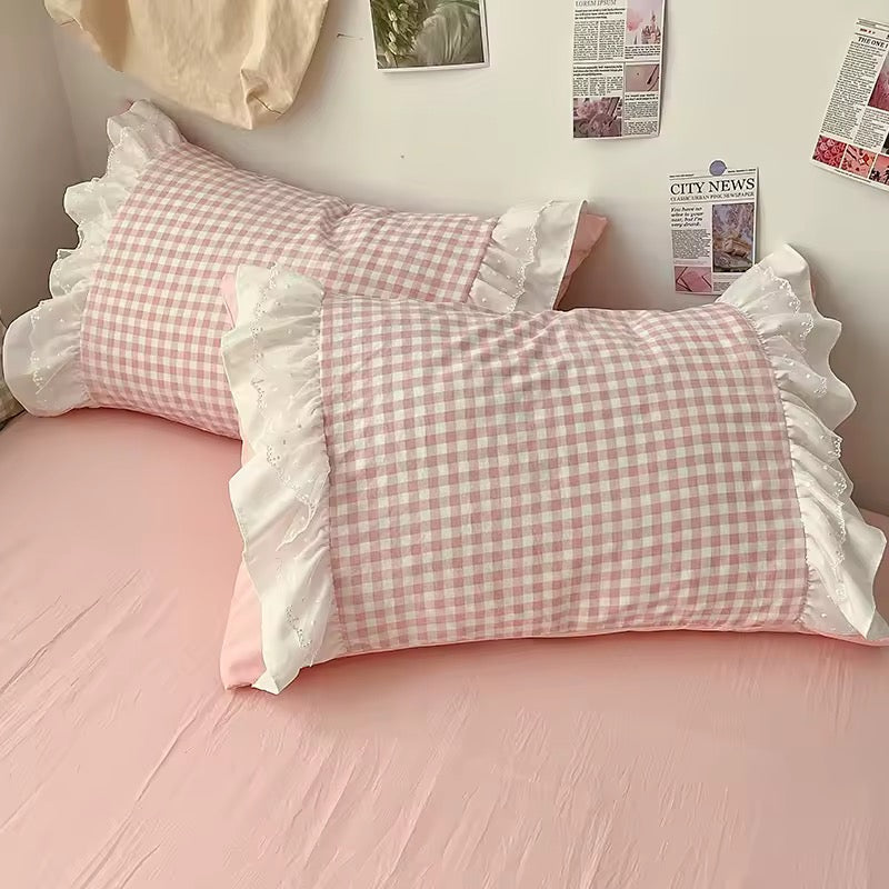 Gingham Lace Ruffle Bedding Set