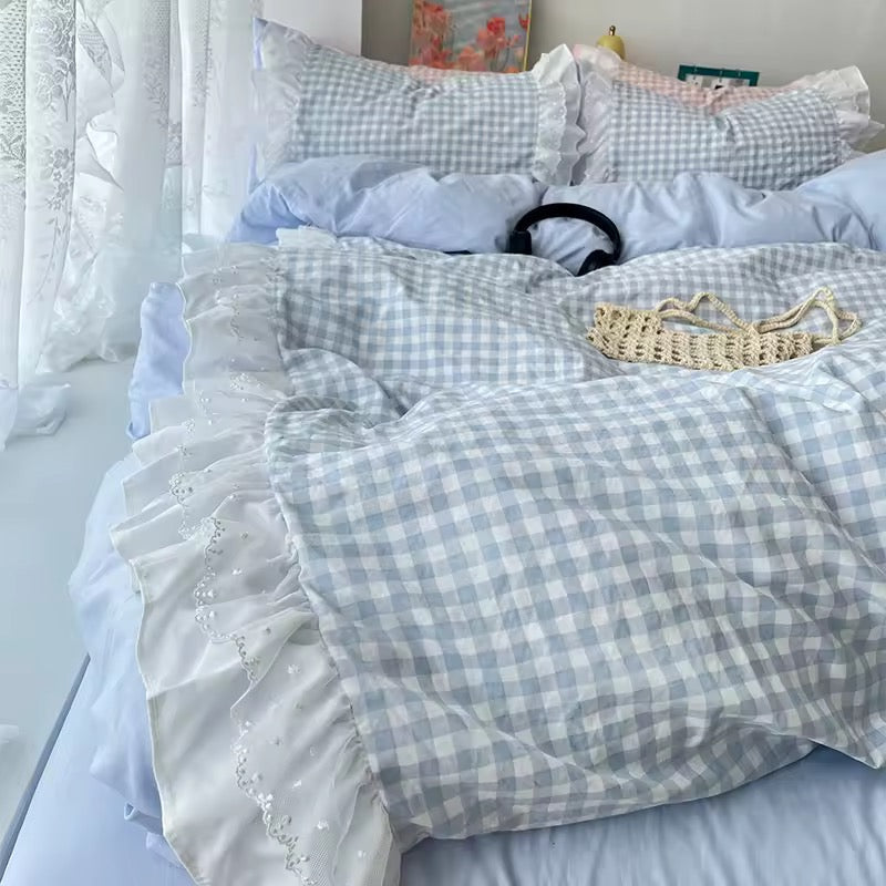 Gingham Lace Ruffle Bedding Set