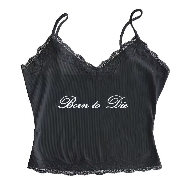 Born to Die Ribbed Lace Top Black