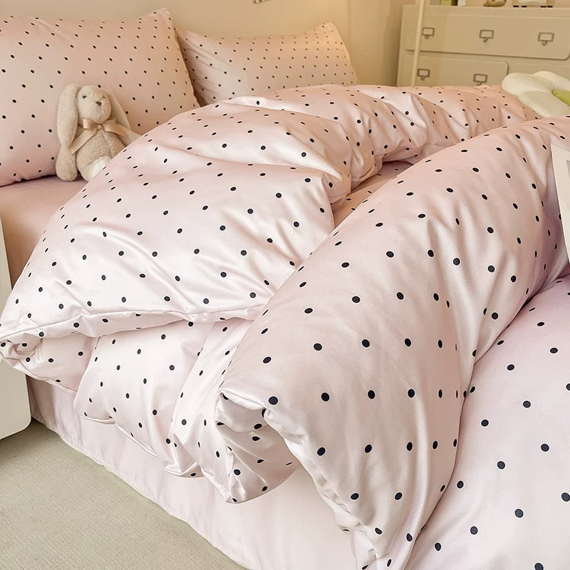 Polka Dot Satin Duvet Cover Set Pink