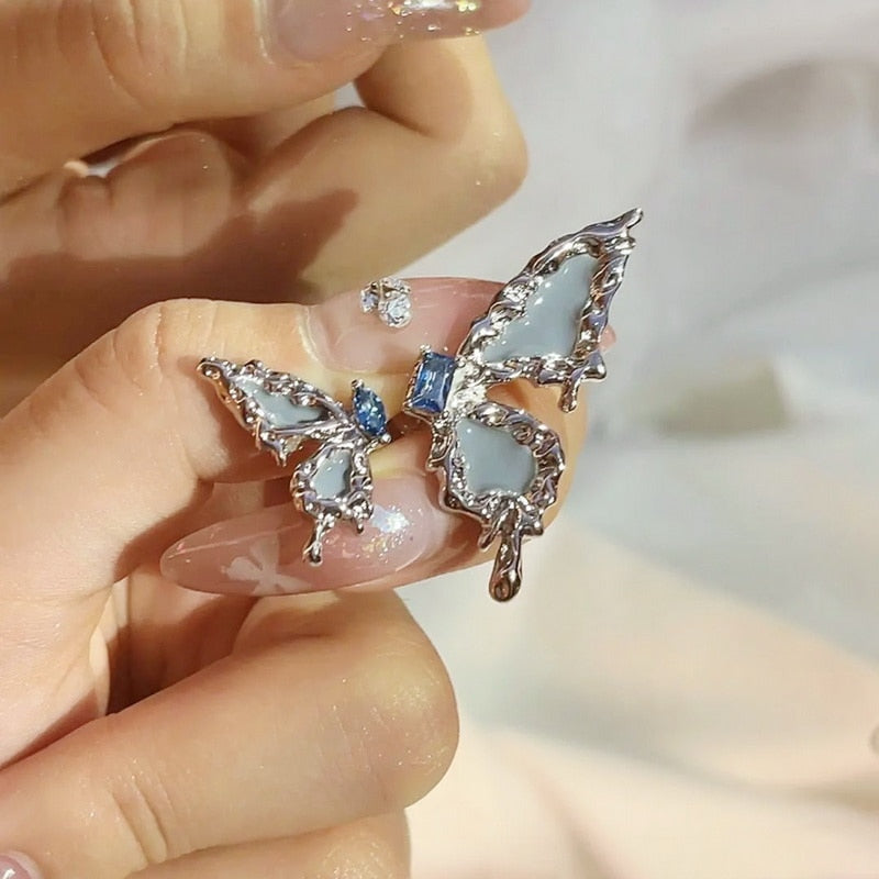Butterfly Wing Tassel Ear Clips 1 pair-blue-studs