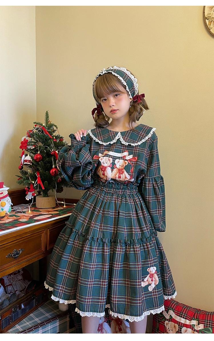 Christmas Vintage Lolita Skirts Doll Collar Blouse Plaid Skirt Set