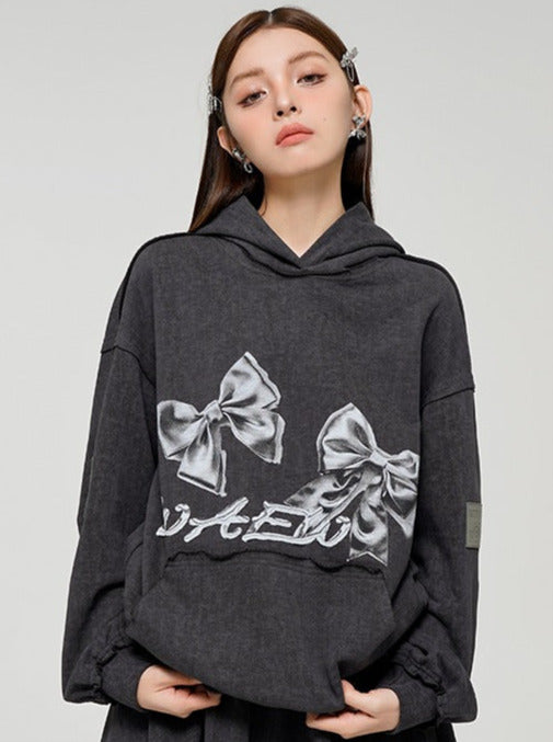 Ribbon Print Loose Sweatshirt Hoodie + Skirt Top