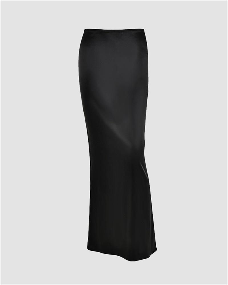 Solid Color Satin Maxi Skirt Black