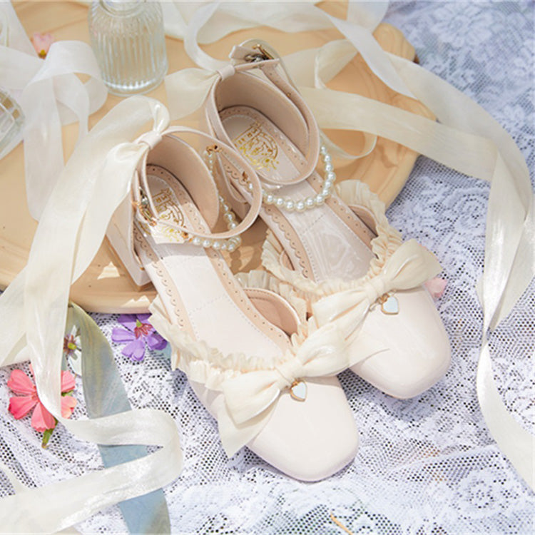 Romance Bowknot Lace Pearl Sweet Elegant Lolita Shoes 4 Colors
