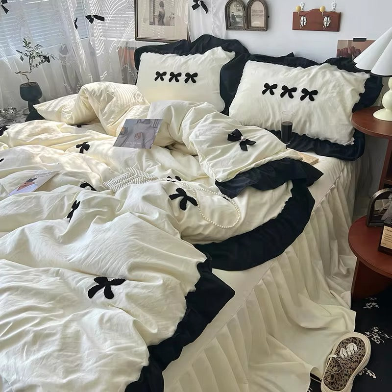 Aesthetic Pink Bedding Set with Bow Milk Tea