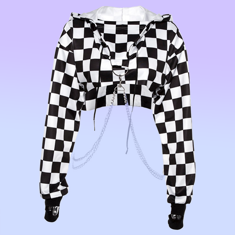 E-Girl Checker Hoodie Chain Crop Top Black and white