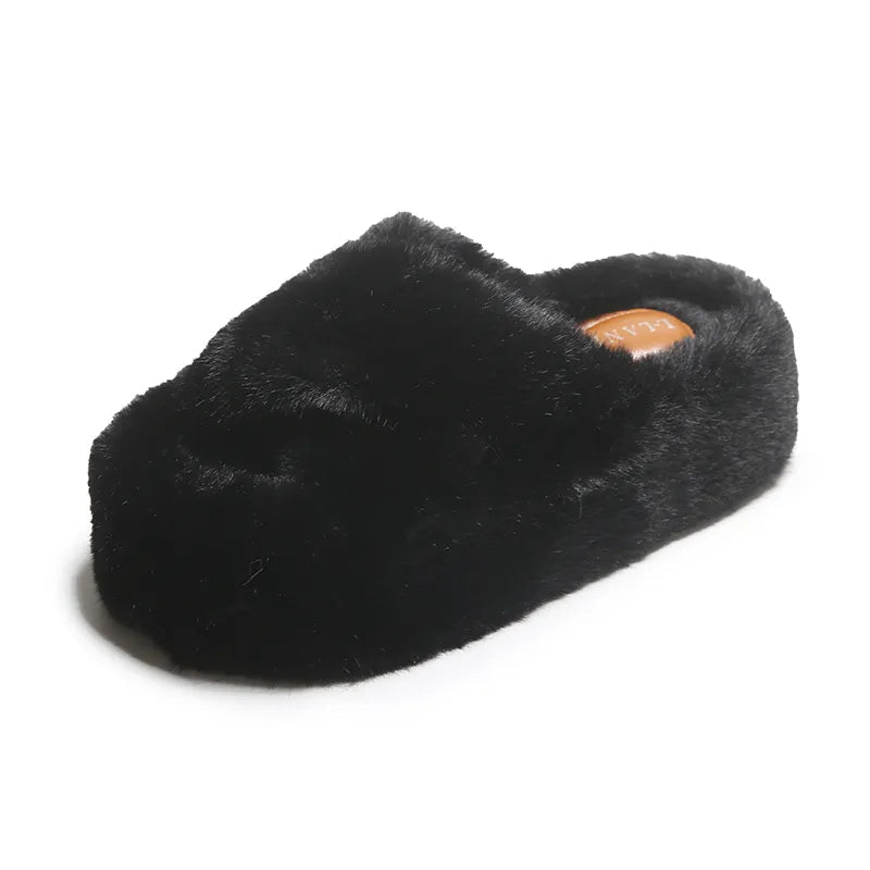 Chunky Fuzzy Sandal Slippers Black