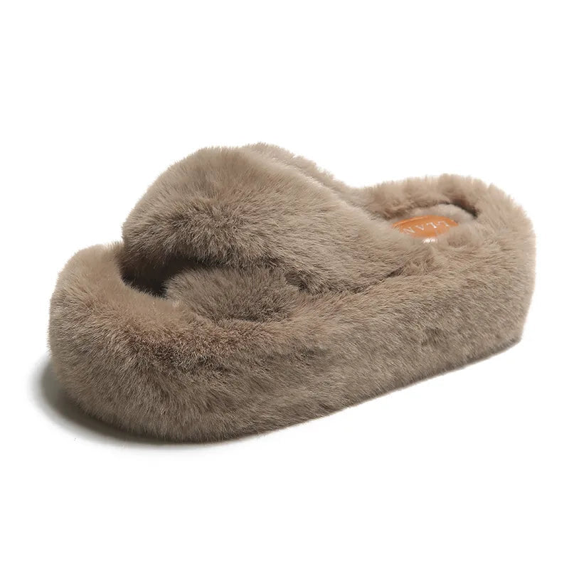 Chunky Fuzzy Sandal Slippers Brown