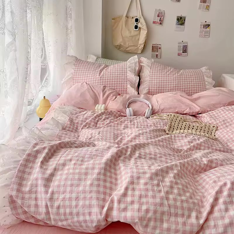 Gingham Lace Ruffle Bedding Set Pink