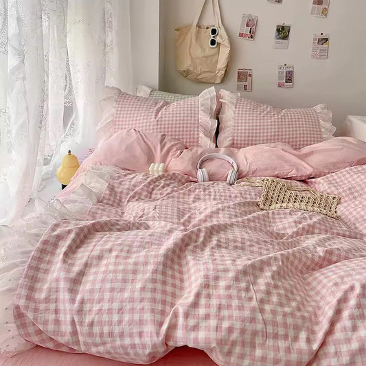 Gingham Lace Ruffle Bedding Set Pink