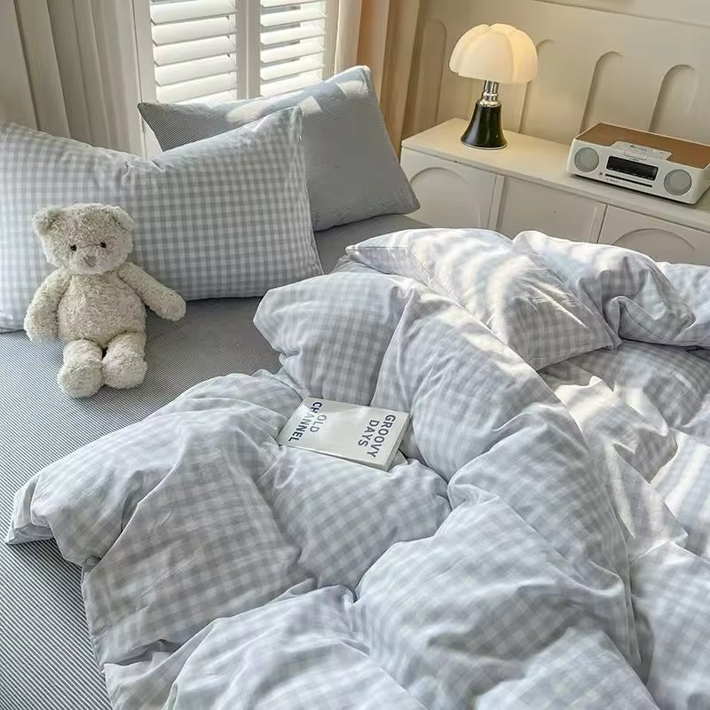 Cozy Pink Plaid Bedding Set Blue