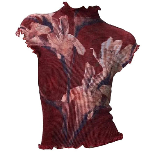Crimson Bloom Mesh Top