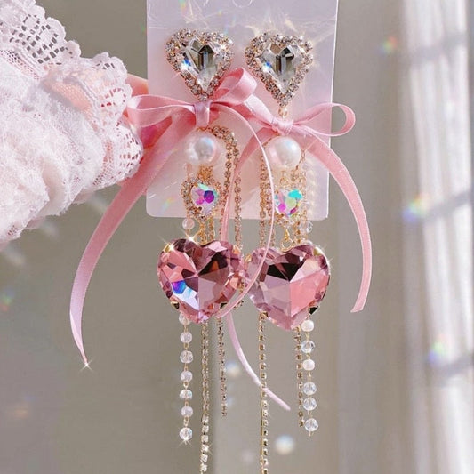 Crystal Princess Drop Earrings Pink Heart