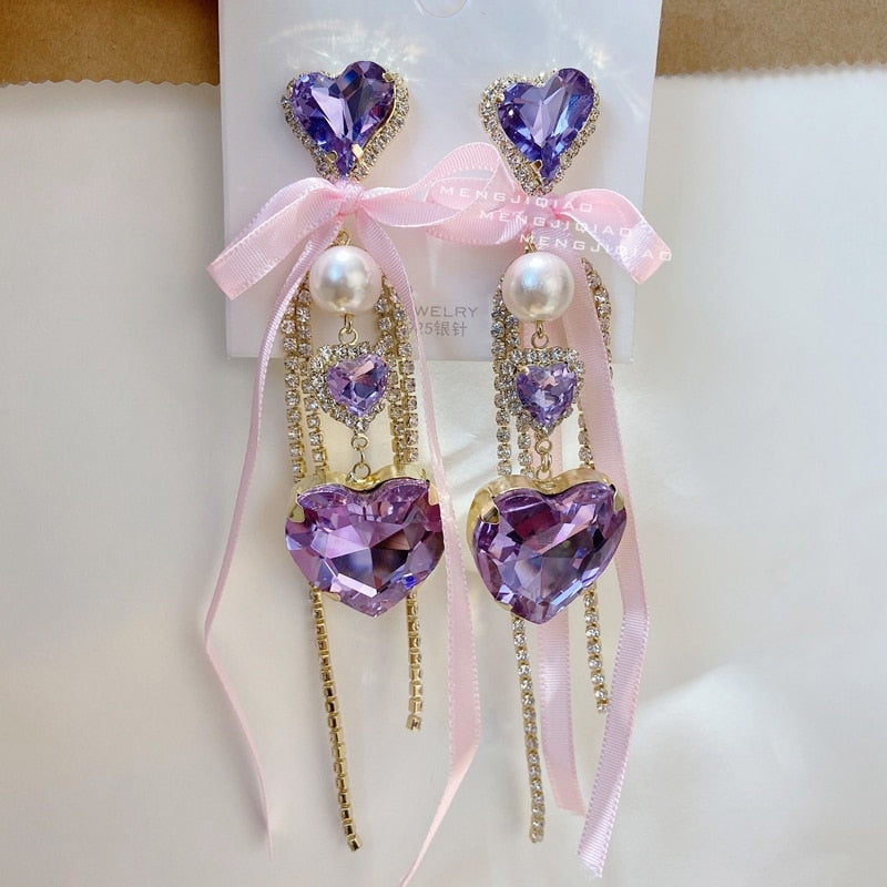 Crystal Princess Drop Earrings Purple Heart