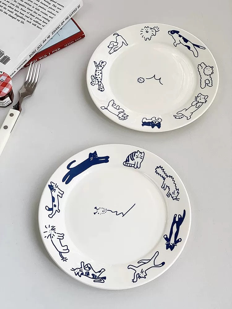 Korean Vintage Ceramic Plate Set Cat & Dog