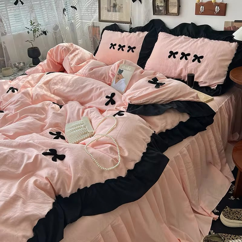 Aesthetic Pink Bedding Set with Bow Pink
