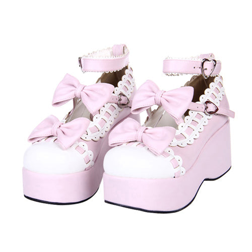 Pink Lace Bowknot Sweet Lolita Platform Shoes Pink