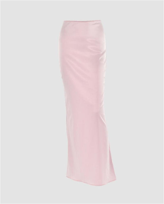 Solid Color Satin Maxi Skirt Pink