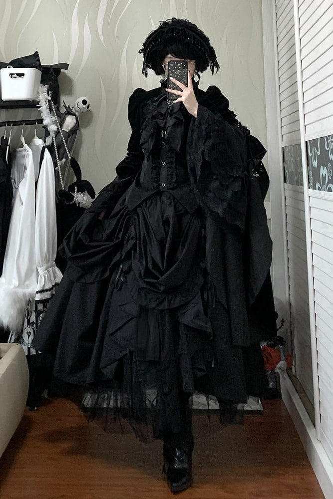 [Pre-order] Gothic Lolita Black Cross Detail Flare Sleeve Long Coat + Headdress