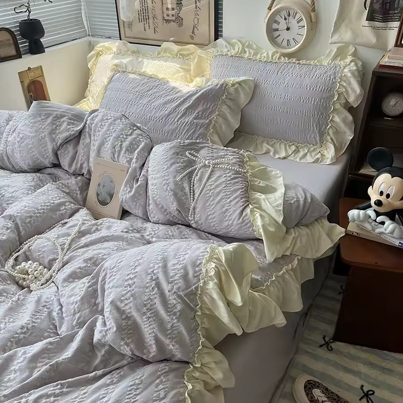 Korean Princess Ruffle Bedding Set Light Grey