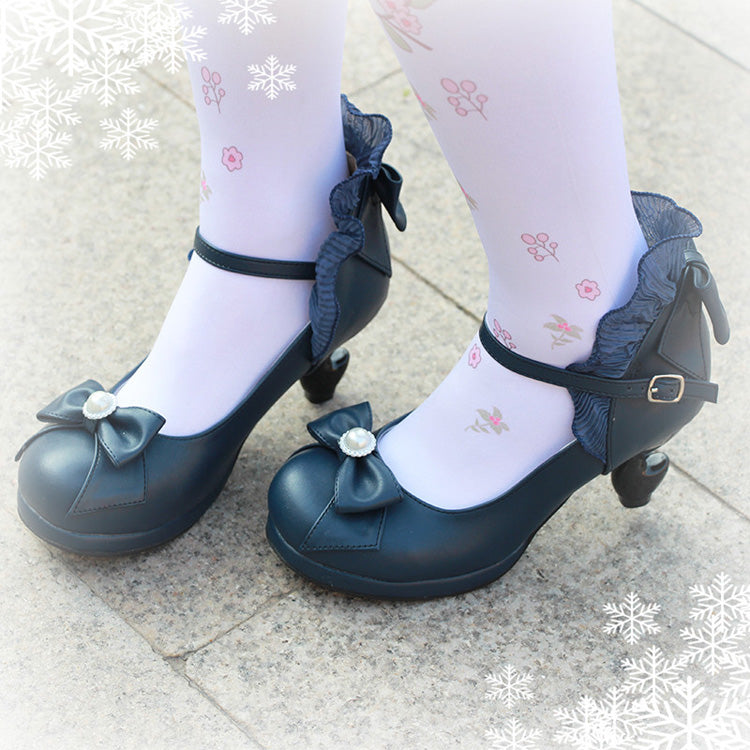 Bowknot Strappy Ruffle PU Sweet Lolita Shoes 5 Colors Dark Blue