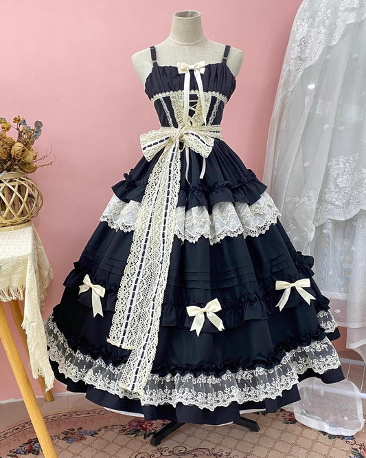 Elegant Lolita Ruffled Hem JSK Dress Multicolors black JSK