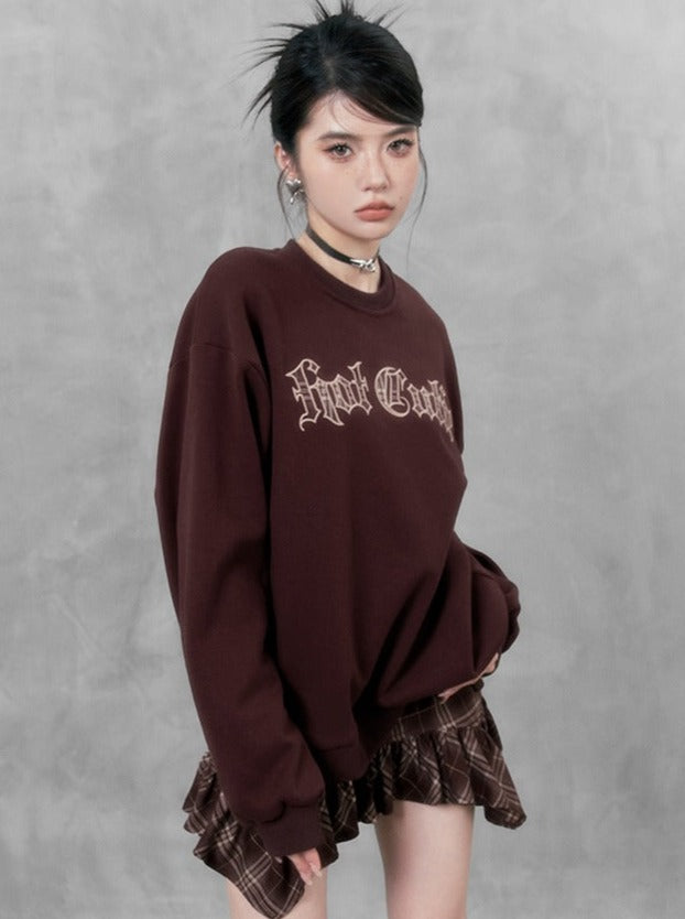 Style Retro Loose Velvet Logo Sweatshirt Brown