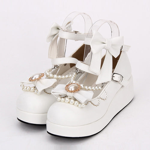 Round toe Bowknot Pearl Chain Classic Lolita Shoes White
