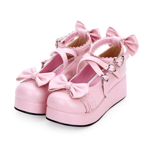 Cute Round Toe Shallow Mouth Bowknot Middle Heels Lolita Shoes Pink