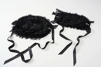 [Pre-order] Gothic Lolita Black Cross Detail Flare Sleeve Long Coat + Headdress