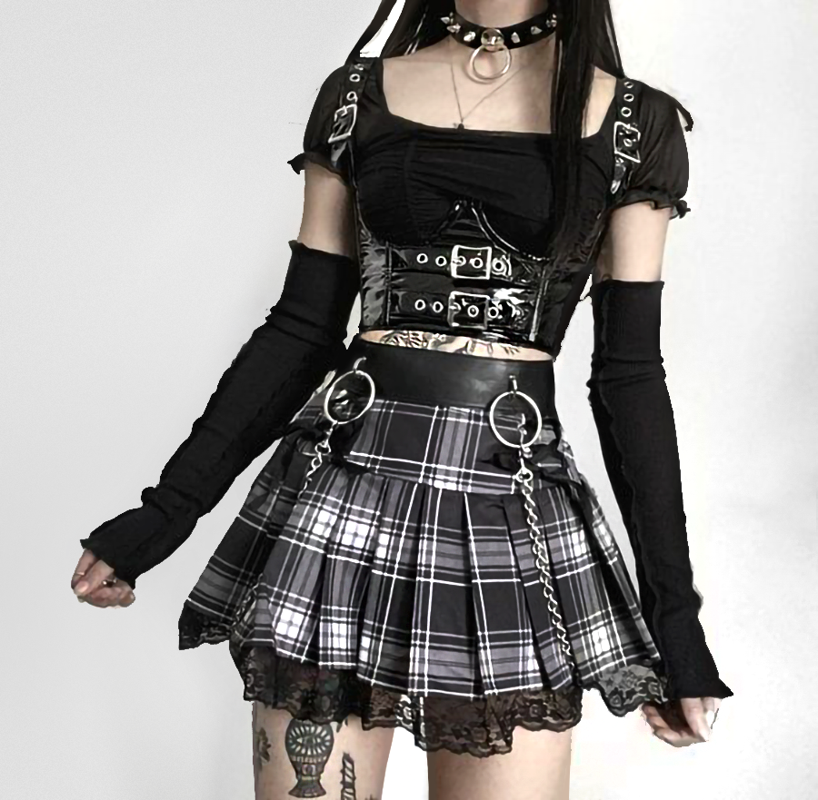 Gothic Plaid Skirt Black White Lace Trim