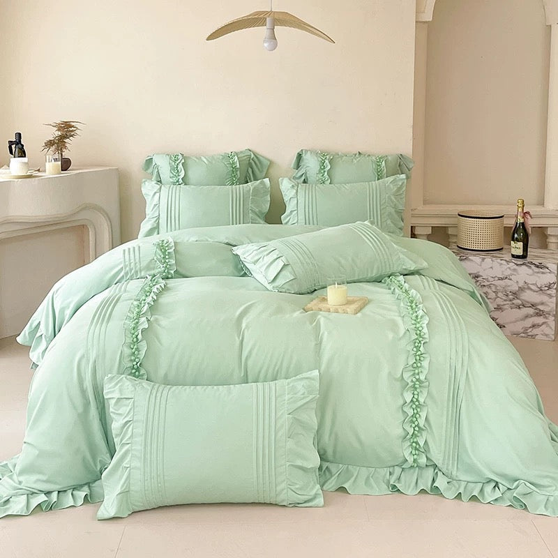 Coquette Ruffled Duvet Cover Set Green
