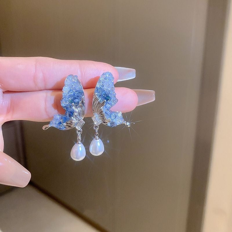 Ethereal Moon Dangle Earrings Butterfly Wings
