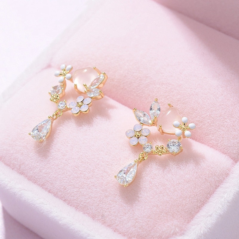 Ethereal Moon Dangle Earrings Flower Wreath