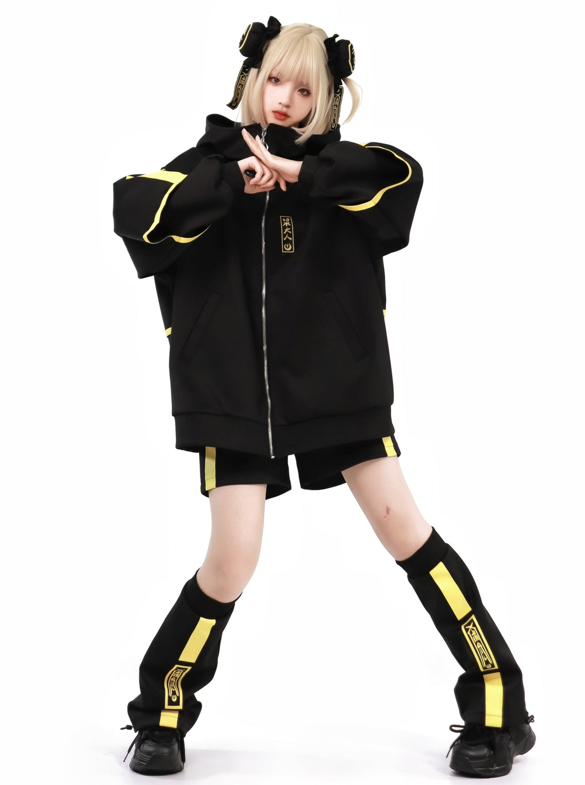 Dark neon china jacket + shorts + long pants + leg warmers + hair accessories [Reserved Item].