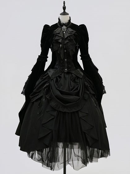 [Pre-order] Gothic Lolita Black Cross Detail Flare Sleeve Long Coat + Headdress