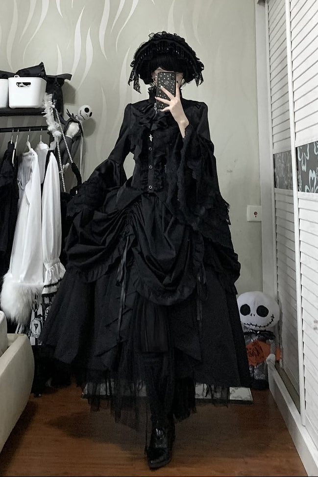[Pre-order] Gothic Lolita Black Cross Detail Flare Sleeve Long Coat + Headdress