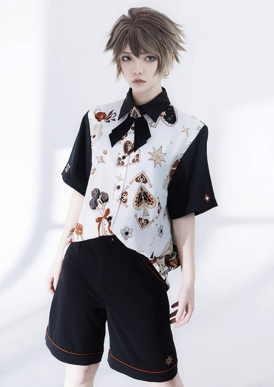 Retro Ouji Lolita Shirt Floral Short Sleeve Shirt and Embroidered Black Shorts