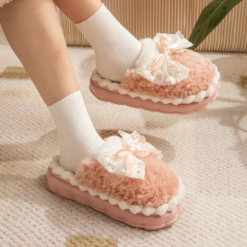 Fluffy Ribbon Slippers D