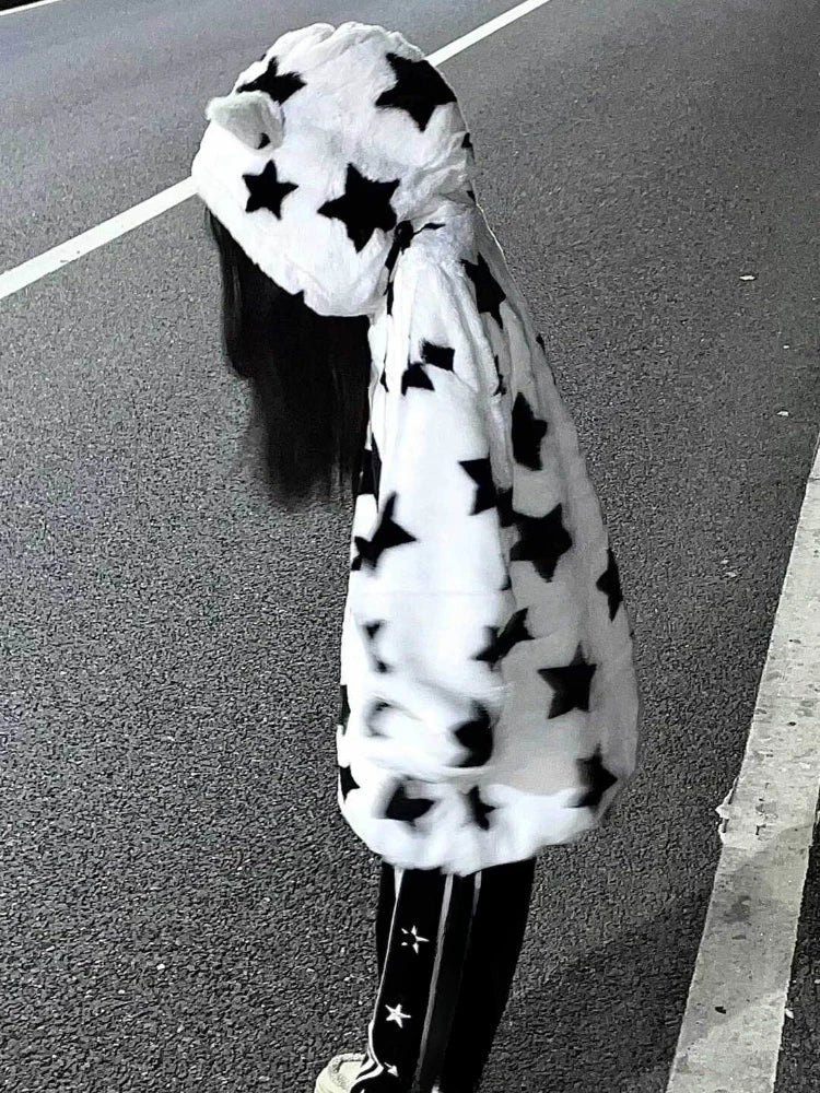 Fuzzy Star Oversized Zip Up Hoodie