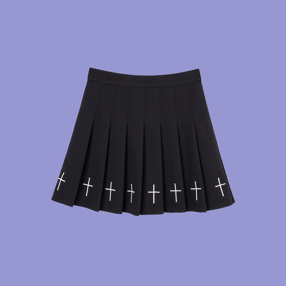 Gothic Cross Pleated Mini Skirt Black