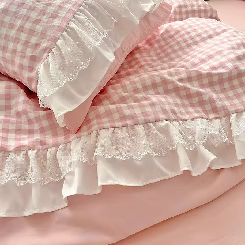Gingham Lace Ruffle Bedding Set