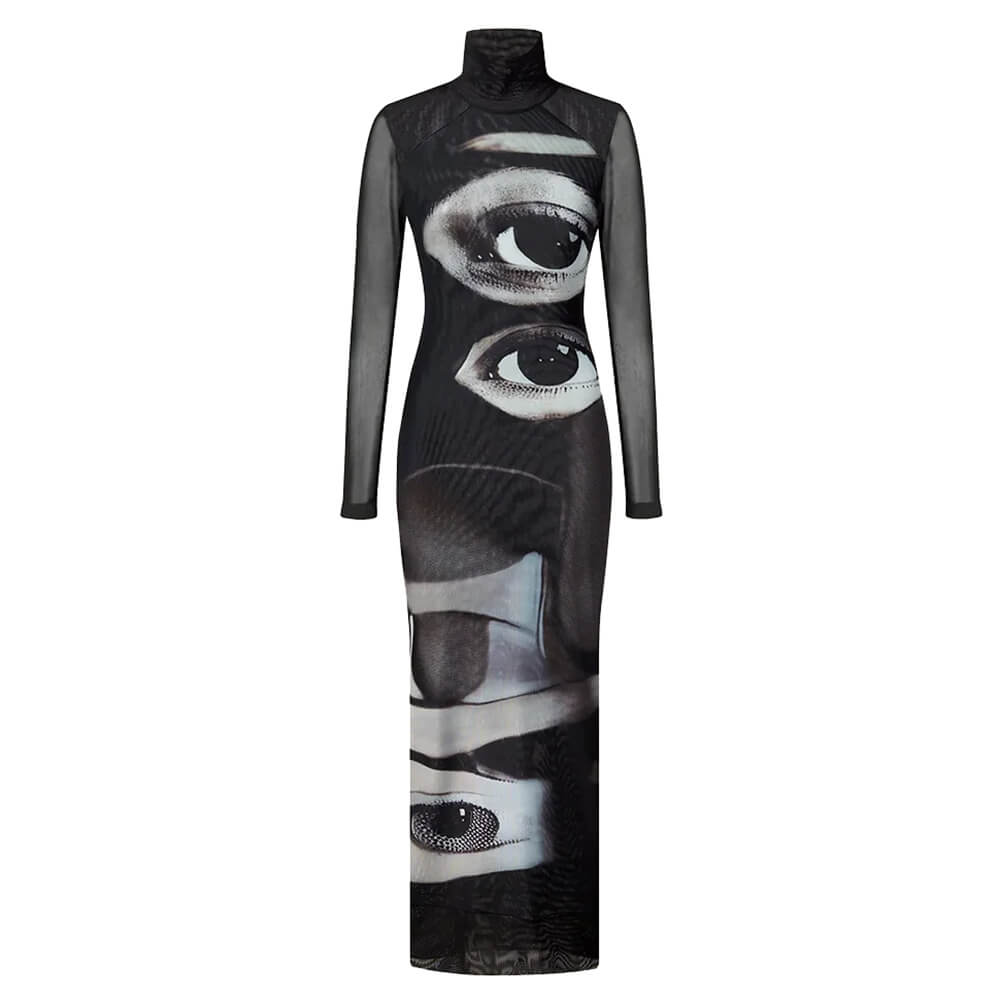 Grunge Aesthetic Eyes Print Maxi Dress Black