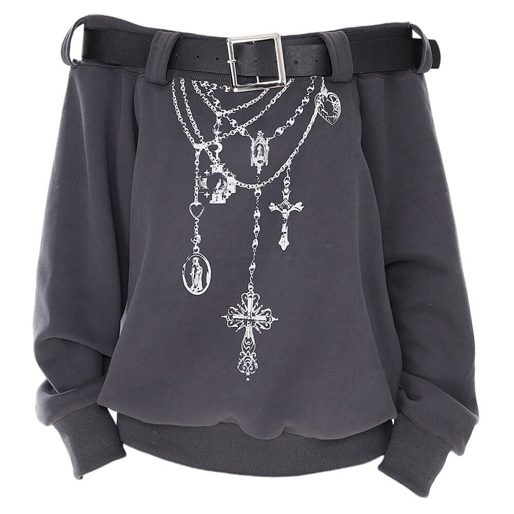 Grunge Aesthetic Off-Shoulder Sweatshirt Grey