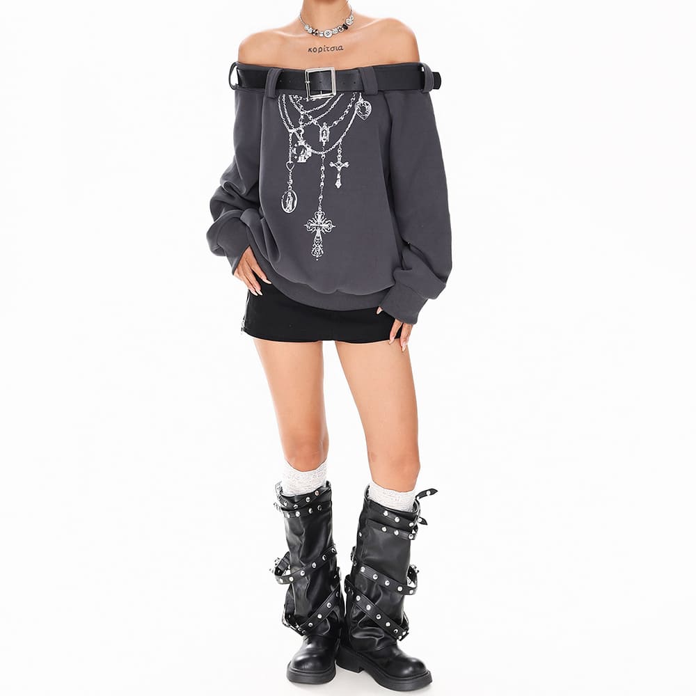 Grunge Aesthetic Off-Shoulder Sweatshirt