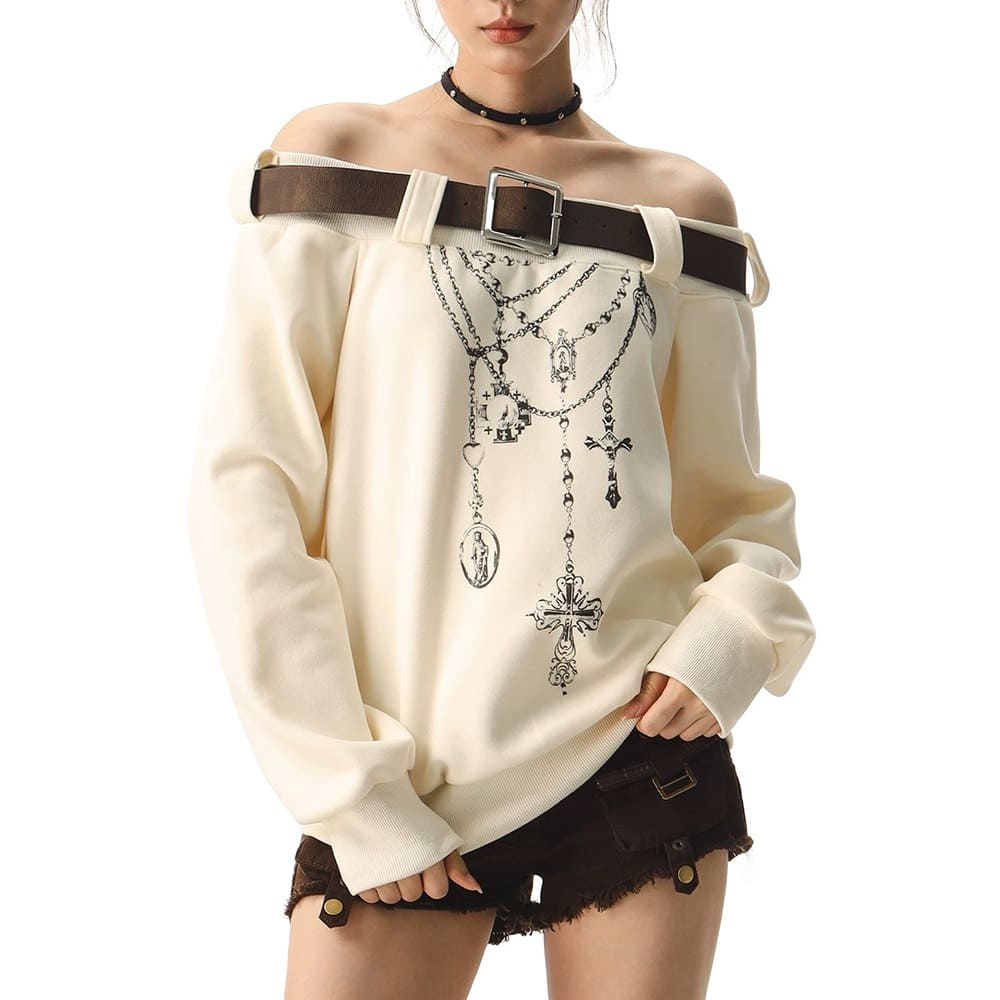 Grunge Aesthetic Off-Shoulder Sweatshirt