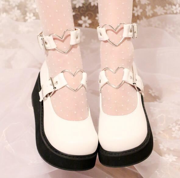 Heart Buckle Wedge Shoes White