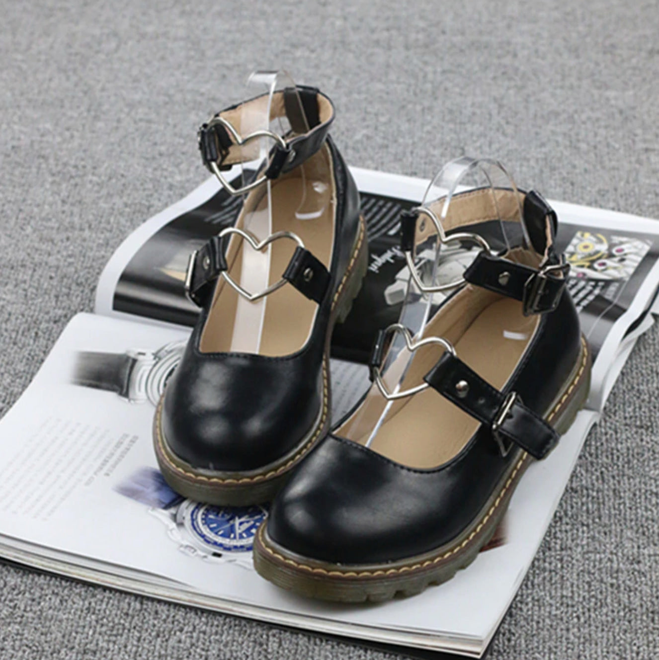 Heart Buckle Wedge Shoes Black